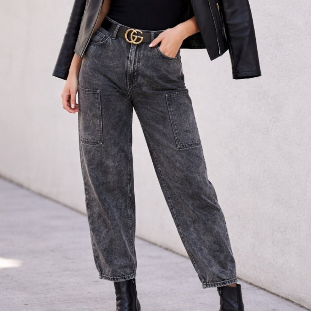 Frayed Vintage Wash Black Barrel Jeans High Waisted Straight Leg Women’s 30